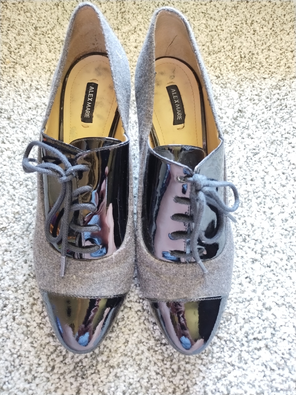 Alex Marie Gray Wool and Black Patent Lace-Up Heels